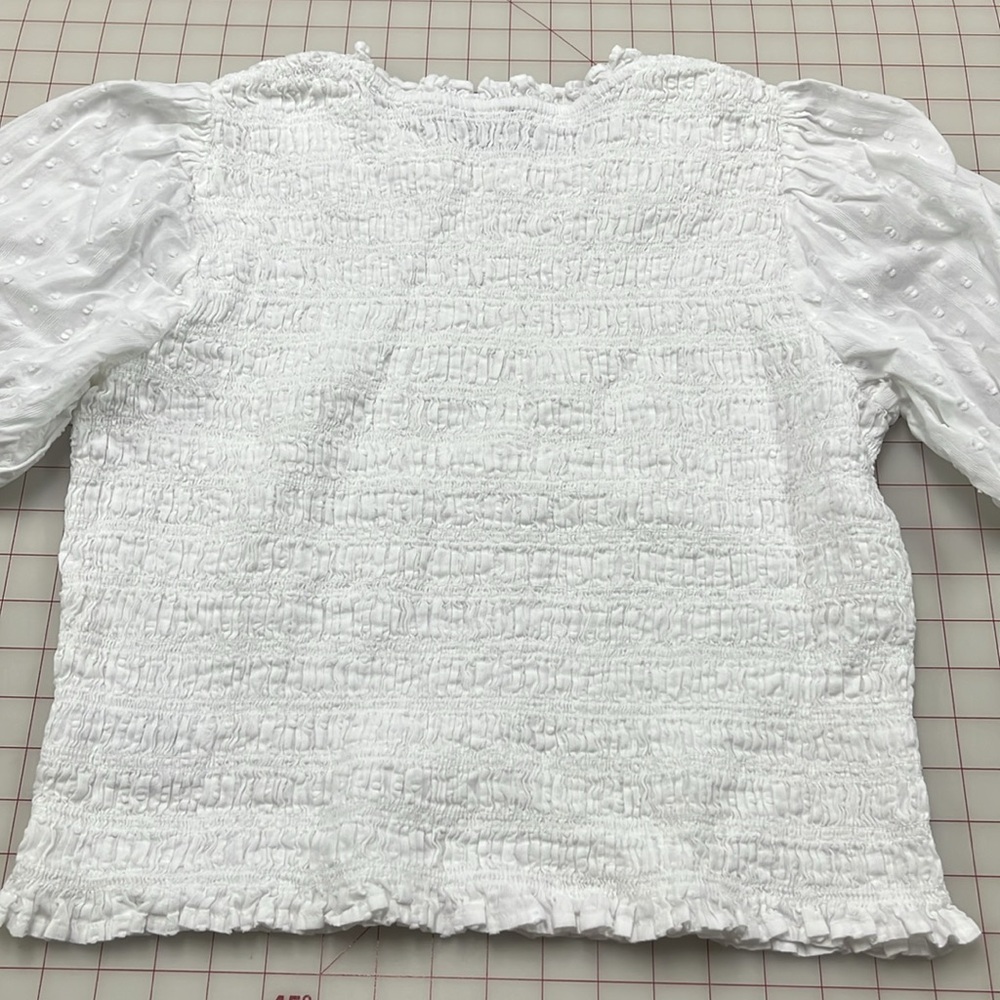 J CREW Boho Coquette 100% Cotton Swiss Dot Smocked Bodice Ruffle Trim WHT Top XL - Picture 9 of 15